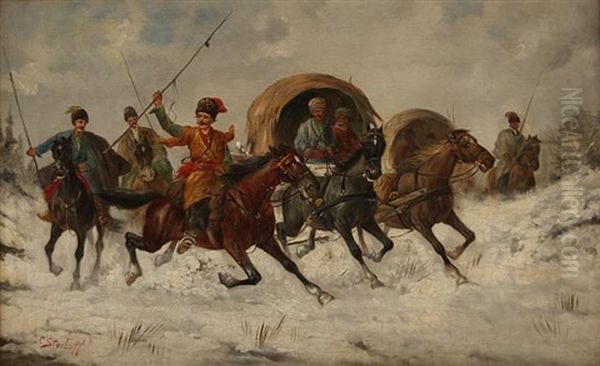 Russische Reiter Und Wagenkolonne In Winterlicher Landschaft - view 1