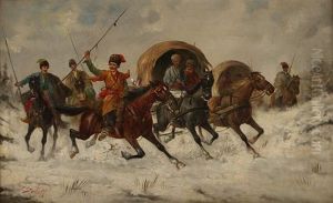 Russische Reiter Und Wagenkolonne In Winterlicher Landschaft Russische Reiter Und Wagenkolonne In Winterlicher Landschaft