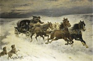 Winterlandschaft Mit Pferdegespann Und Angreifenden Wolfen