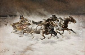Wolfe Verfolgen Eine Troika Im Winter by Adolf (Constantin) Baumgartner-Stoiloff
