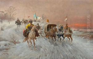 Von Reitern Bewachte Schlittenfahrt by Adolf (Constantin) Baumgartner-Stoiloff