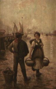 Fisherman And Young Woman With Baskets by Adolf (Constantin) Baumgartner-Stoiloff