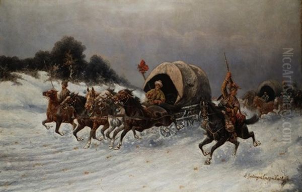 Pferdefuhrwerke Im Galopp Durch Verschneite Russische Landschaft - view 1