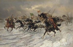 Russian Horsemen Storming The Battle Field by Adolf (Constantin) Baumgartner-Stoiloff