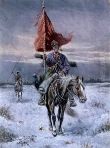 Kosakenreiter Im Sommer (+ Kosakenreiter Im Winter; Pair) by Adolf (Constantin) Baumgartner-Stoiloff