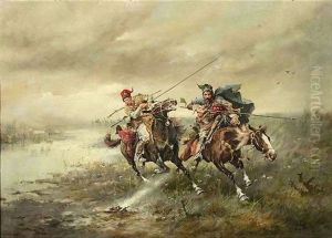 Zwei Reiter Preschen Durch Die Steppe by Adolf (Constantin) Baumgartner-Stoiloff