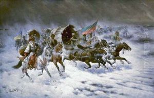 Groser Reiterzug In Winterlicher Landschaft by Adolf (Constantin) Baumgartner-Stoiloff