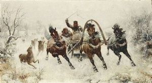 In Winterlicher Landschaft Wird Eine Troika Von Wolfen Attackiert