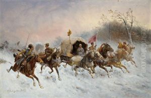 Reitertrupp Mit Pferdefuhrwerken In Winterlicher Landschaft by Adolf (Constantin) Baumgartner-Stoiloff