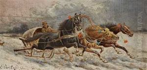 En Hesteslaede I Fuld Fart Gennem Sneen by Adolf (Constantin) Baumgartner-Stoiloff