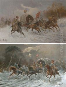 Cossacks On Horseback In Full Gallop (pair) by Adolf (Constantin) Baumgartner-Stoiloff