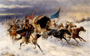 Sturmende Berittene Kosaken In Winterlicher Landschaft by Adolf (Constantin) Baumgartner-Stoiloff