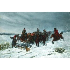 A Winter Landscape With Horsemen And Numerous Figures On A Track With A Sled And Dog In The Foreground