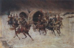 Berittene Kosaken Begleiten Einen Goldtransport In Sibirien by Adolf (Constantin) Baumgartner-Stoiloff