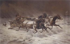 Huntsman Chasing Through The Snow by Adolf (Constantin) Baumgartner-Stoiloff