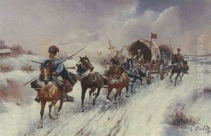 Russischer Pferdezug In Winterlicher Landschaft by Adolf (Constantin) Baumgartner-Stoiloff