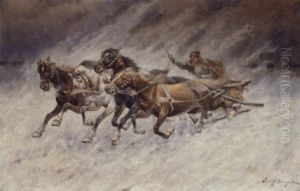 Hesteslaedekorsel I Snestorm by Adolf (Constantin) Baumgartner-Stoiloff