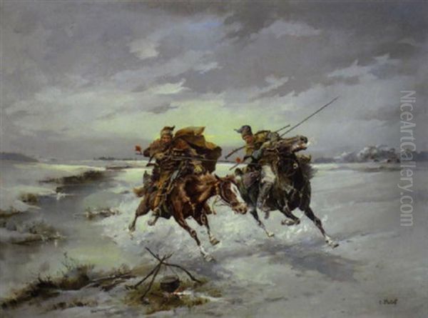 Zwei Reiter In Weiter Winterlandschaft - view 1