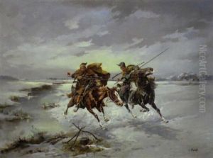 Zwei Reiter In Weiter Winterlandschaft Zwei Reiter In Weiter Winterlandschaft