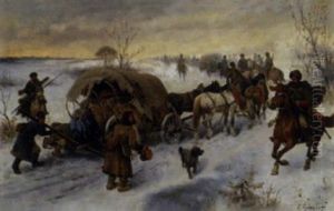 Planwagenzug In Winterlandschaft by Adolf (Constantin) Baumgartner-Stoiloff