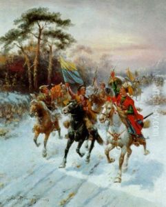 Reiterhorde Unterwegs Zum Angriff by Adolf (Constantin) Baumgartner-Stoiloff