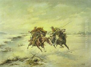 Zwei Reiter In Weiter Winterlandschaft Am Ufer Eines Flusschens Nahe Einer Feuerstelle