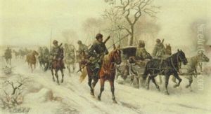 Kosaken-reitzug Und Pferdeschlitten Auf Verschneiter Landstrasse by Adolf (Constantin) Baumgartner-Stoiloff
