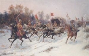 Cossacks In A Winter Landscape by Adolf (Constantin) Baumgartner-Stoiloff