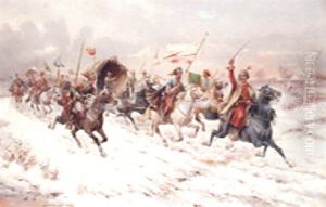 Charging Cavalry In A Winter Landscape by Adolf (Constantin) Baumgartner-Stoiloff