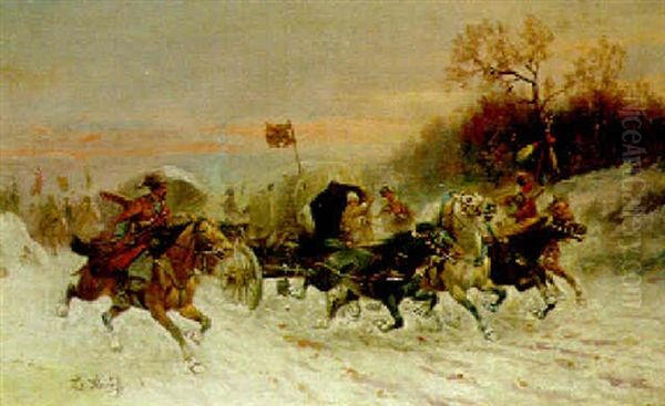 Charging Wagons And Cavalry In A Winter Landscape - view 1