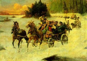 A Troika Procession In The Snow by Adolf (Constantin) Baumgartner-Stoiloff