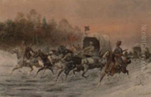 Russisk Vinterlandskab Med Kosakker Til Hest by Adolf (Constantin) Baumgartner-Stoiloff