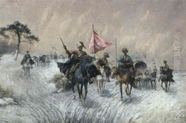 Mongolischer Reiterhaufen In Winterlicher Steppenlandschaft - view 1