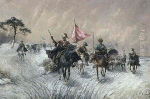 Mongolischer Reiterhaufen In Winterlicher Steppenlandschaft