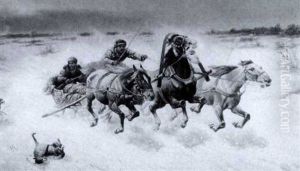 Trokika In Verschneiter Taiga Von Wolfen Gehetzt by Adolf (Constantin) Baumgartner-Stoiloff