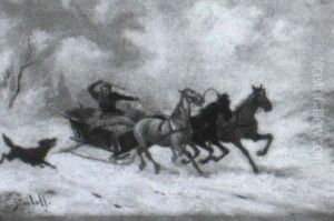 A Wolf Pursuing A Troika In The Snow by Adolf (Constantin) Baumgartner-Stoiloff