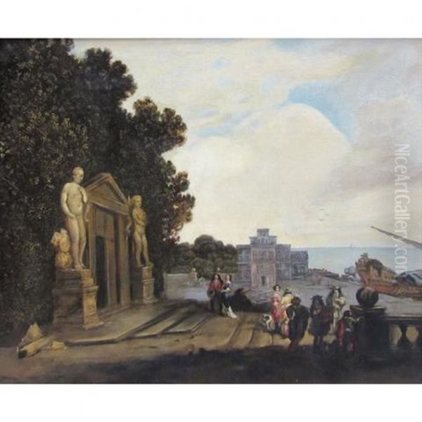 A Gathering Of Ladies And Gentlemen On A Terrace Overlooking The Sea - view 1