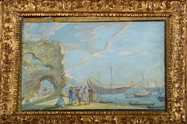 Scene De Plage Avec Des Marchands Et Des Bateaux Ancres - view 1