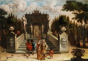 Hofisches Paar Mit Mohrenkind Vor Architektur Im Schlosspark by Johann Wilhelm Baur
