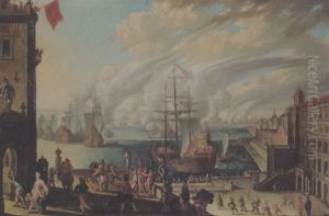 Blick In Eine Hafenstaft Mit Ankernden Dreimastern Und Vielen Figuren by Johann Wilhelm Baur