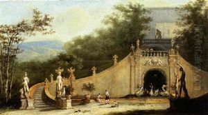 An Italianate Landscape With An Imaginary View Of A Grand Staircase And Figures In A Formal Garden An Italianate Landscape With An Imaginary View Of A Grand Staircase And Figures In A Formal Garden
