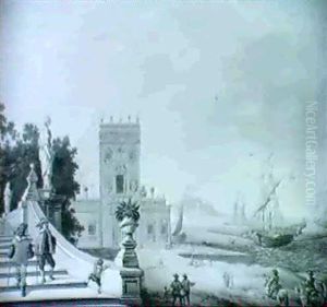 Paysage Lacustre Avec Palais Anime De Nombreux Personnages by Johann Wilhelm Baur