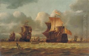 Shipping In Choppy Waters With A Shipwreck In The Foreground Shipping In Choppy Waters With A Shipwreck In The Foreground