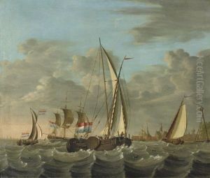 Shipping On Choppy Waters Near The Coast With A Village Beyond Shipping On Choppy Waters Near The Coast With A Village Beyond