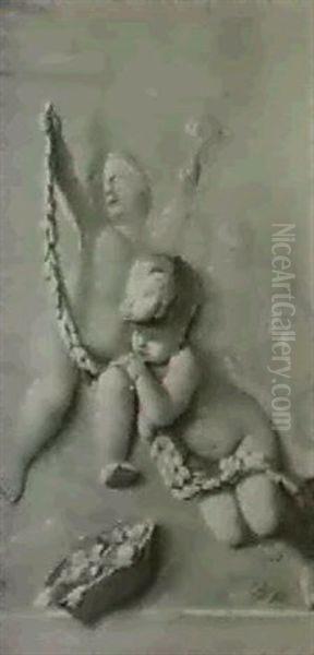 Putti Playing With A Swag, En Grisaille - view 1