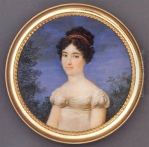 A Young Lady In White Silk Dress With Lace Underdress, Gold Set Coral Fillet In Her Curling Dark Upswept Hair