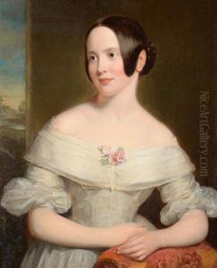 Portrait Of A Young Fashionable Lady Standing, Half Length Wearing A White Dress And Flowers Pinned To Her Decolletage
