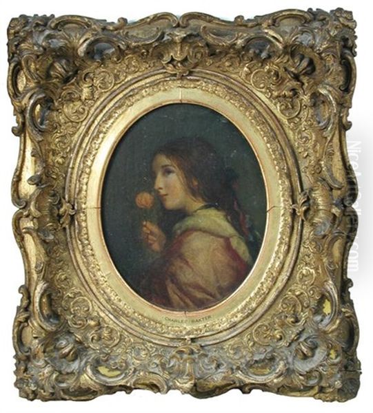 Portrait Of A Young Girl, With Ribbons In Her Hair And A Pink And Cream Cloak, Holding A Pink Rose - view 1