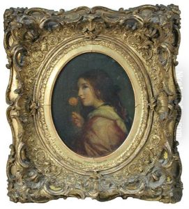 Portrait Of A Young Girl, With Ribbons In Her Hair And A Pink And Cream Cloak, Holding A Pink Rose by Charles Baxter
