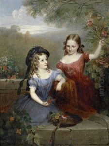 Two Young Girls Gathering Flowers